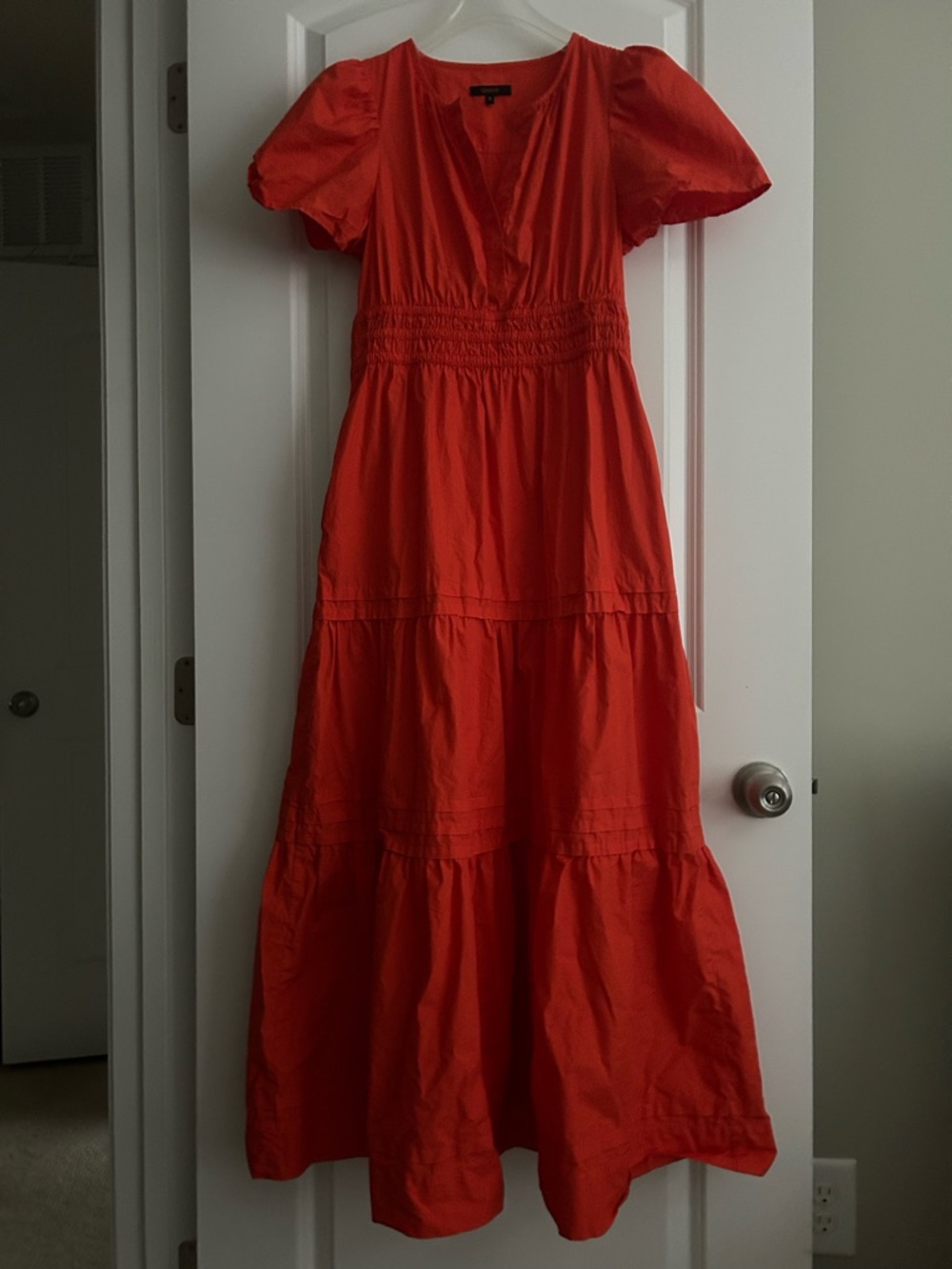Quince Flutter-Puff-Sleeve V-Neck Tiered Maxi Dress - orange size small